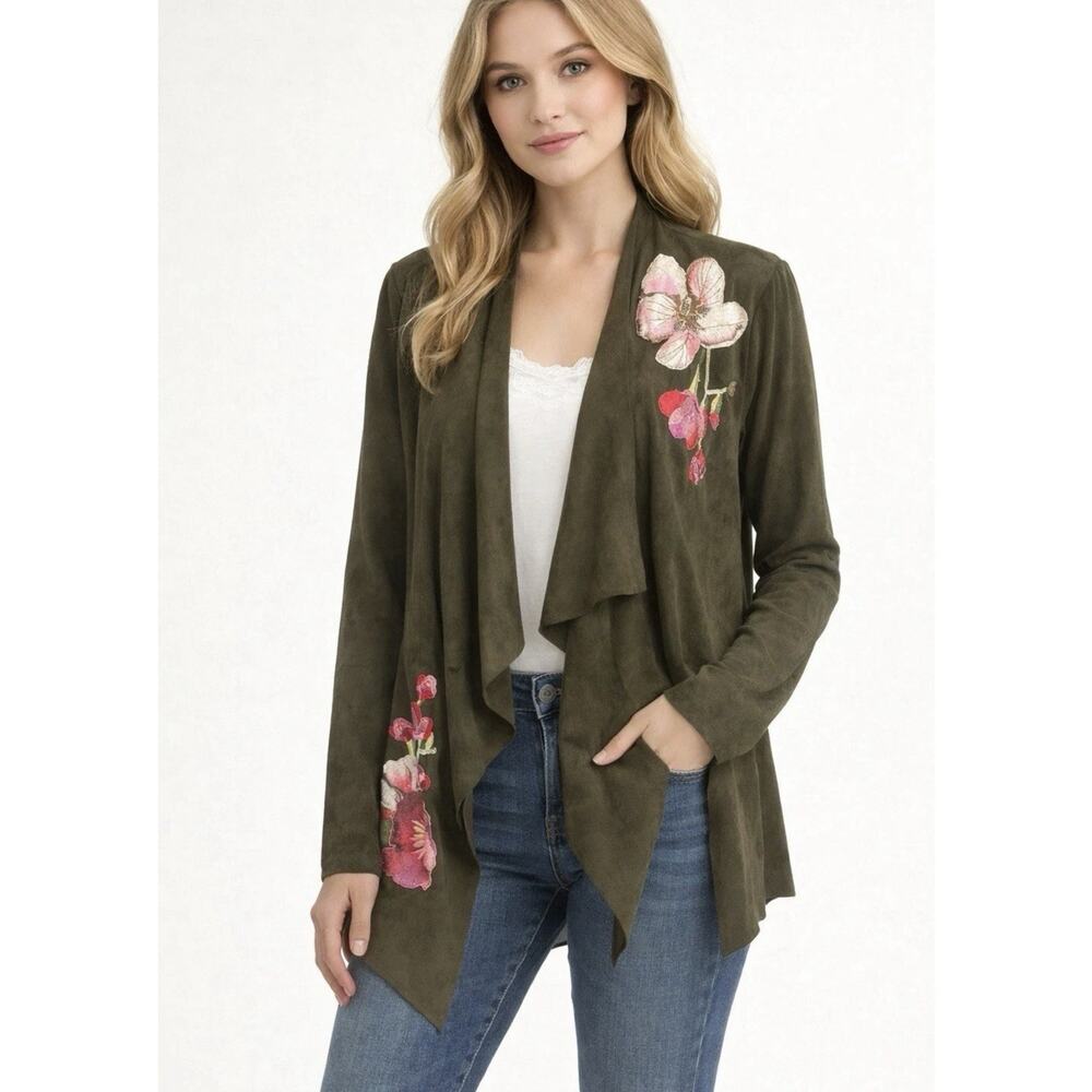 V Christina M Medium Cardigan Jacket Faux Suede Moss Green Floral‎ Embroidered